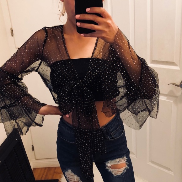🍒 LAST ONE Black Mesh Cropped Top with Gold Dots - Picture 3 of 6